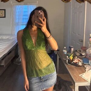 Green Beaded Y2K Fairy Halter Top